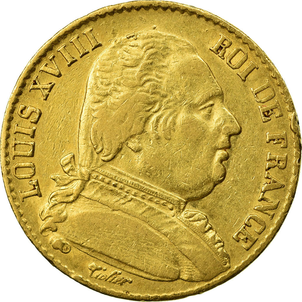 Louis XVIII, Première Restauration, 20 Francs Or buste habillé 1814 Paris, KM 70