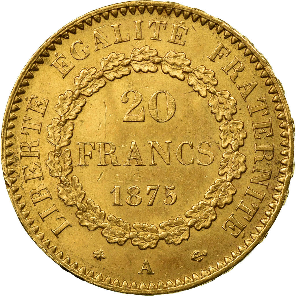 Moeda, França, Génie, 20 Francs, 1875, Paris, AU(50-53), Dourado, KM:825