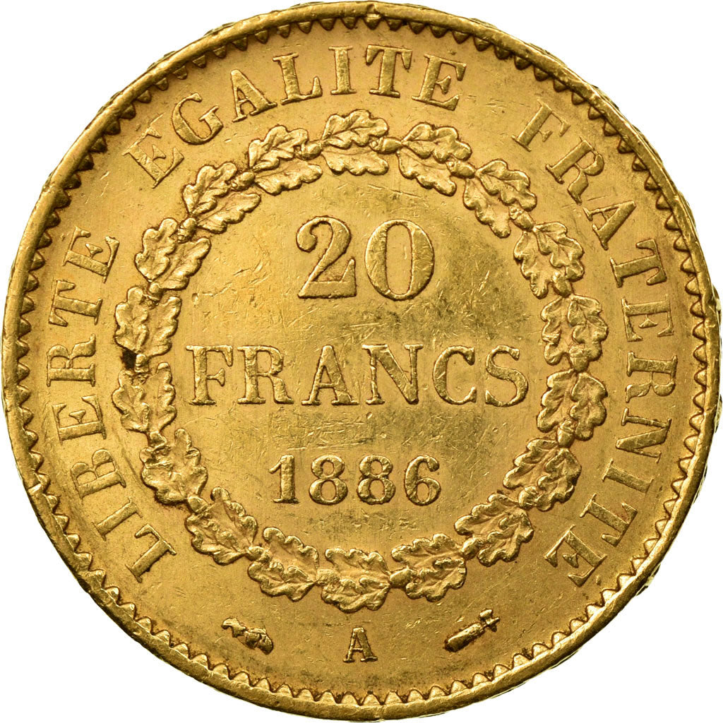 Moneda, Francia, Génie, 20 Francs, 1886, Paris, MBC+, Oro, KM:825, Gadoury:1063