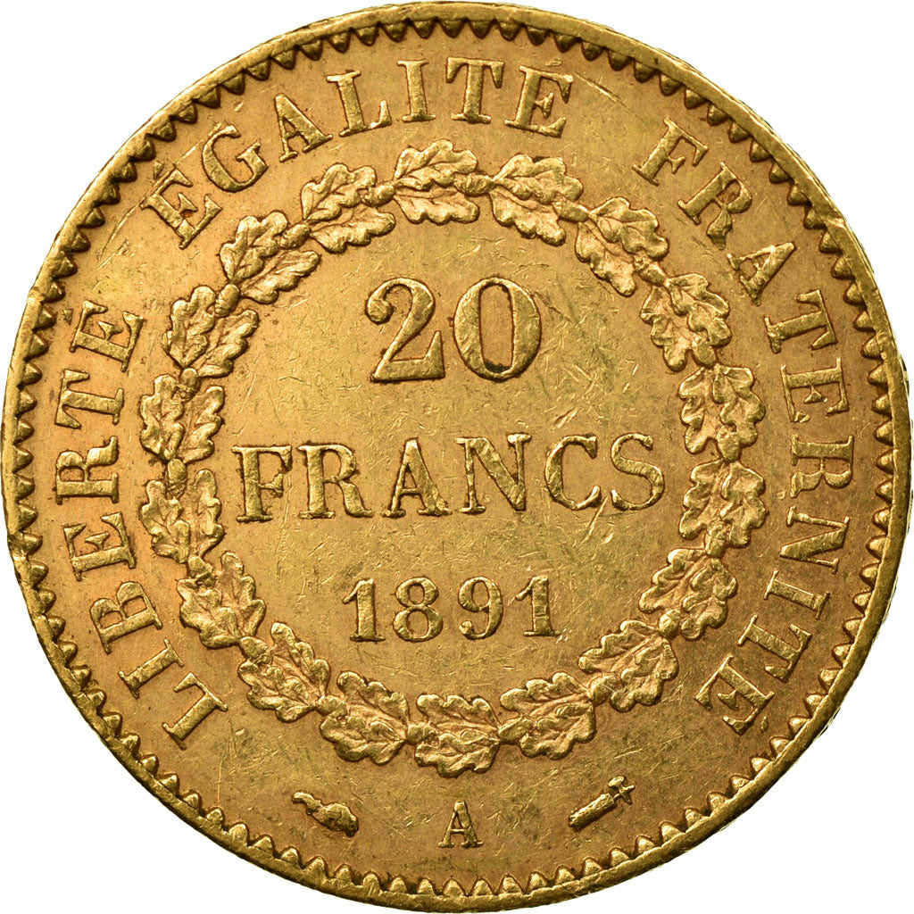 Moeda, França, Génie, 20 Francs, 1891, Paris, AU(50-53), Dourado, KM:825
