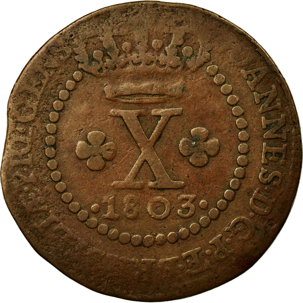 Moneta, Brasile, Joao, 10 Reis, 1803, Lisbon, MB+, Rame, KM:232.1