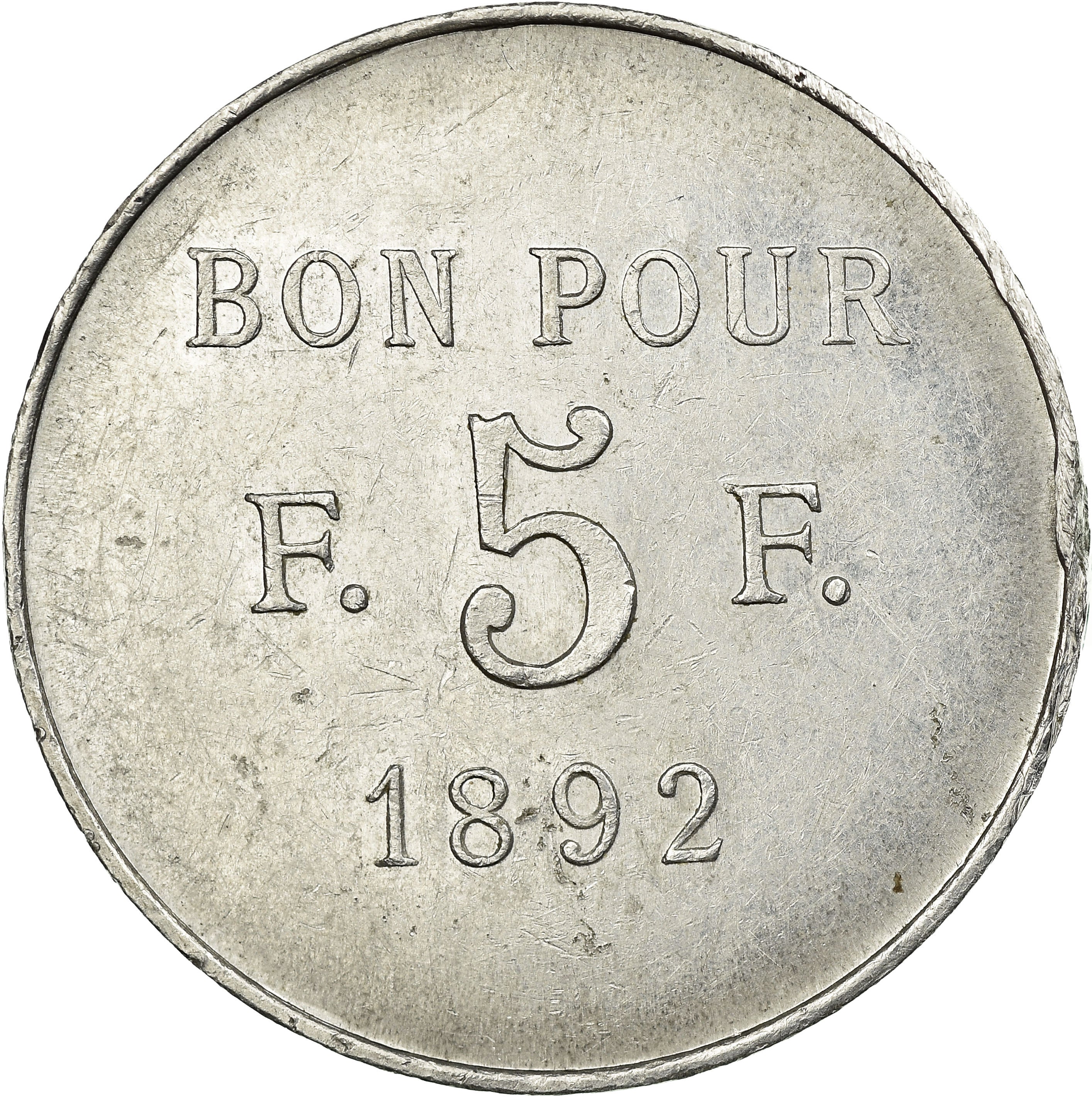 Coin, Egypt, 5 Francs, 1892, Extremely rare, AU(50-53), Aluminum, Lecompte:18