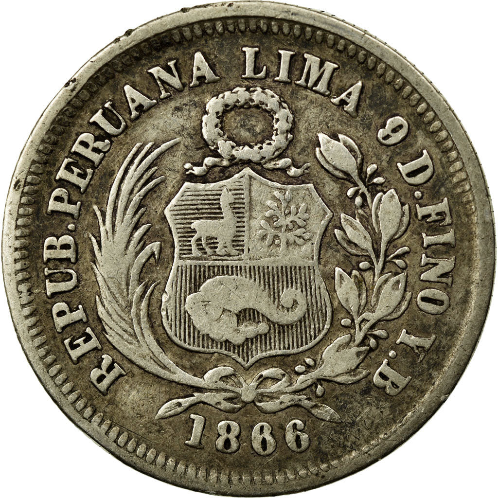 Coin, Peru, SOUTH PERU, 1/5 Sol, 1866, Lima, EF(40-45), Silver, KM:191