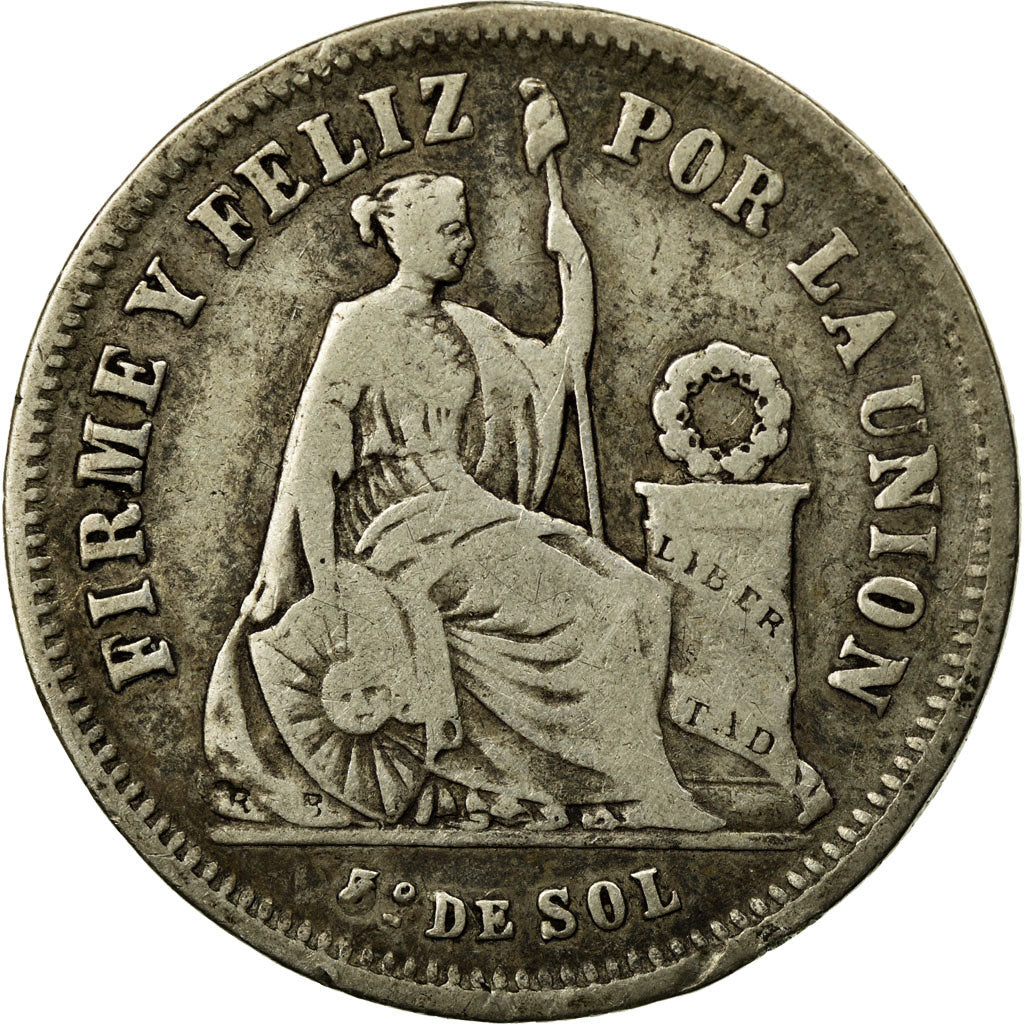 Coin, Peru, SOUTH PERU, 1/5 Sol, 1866, Lima, EF(40-45), Silver, KM:191