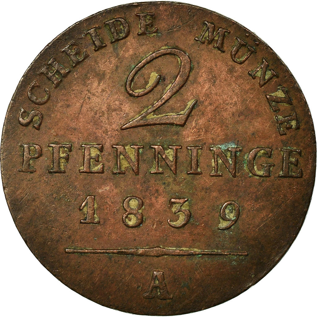 Coin, German States, PRUSSIA, Friedrich Wilhelm III, 2 Pfennig, 1839, AU(50-53)