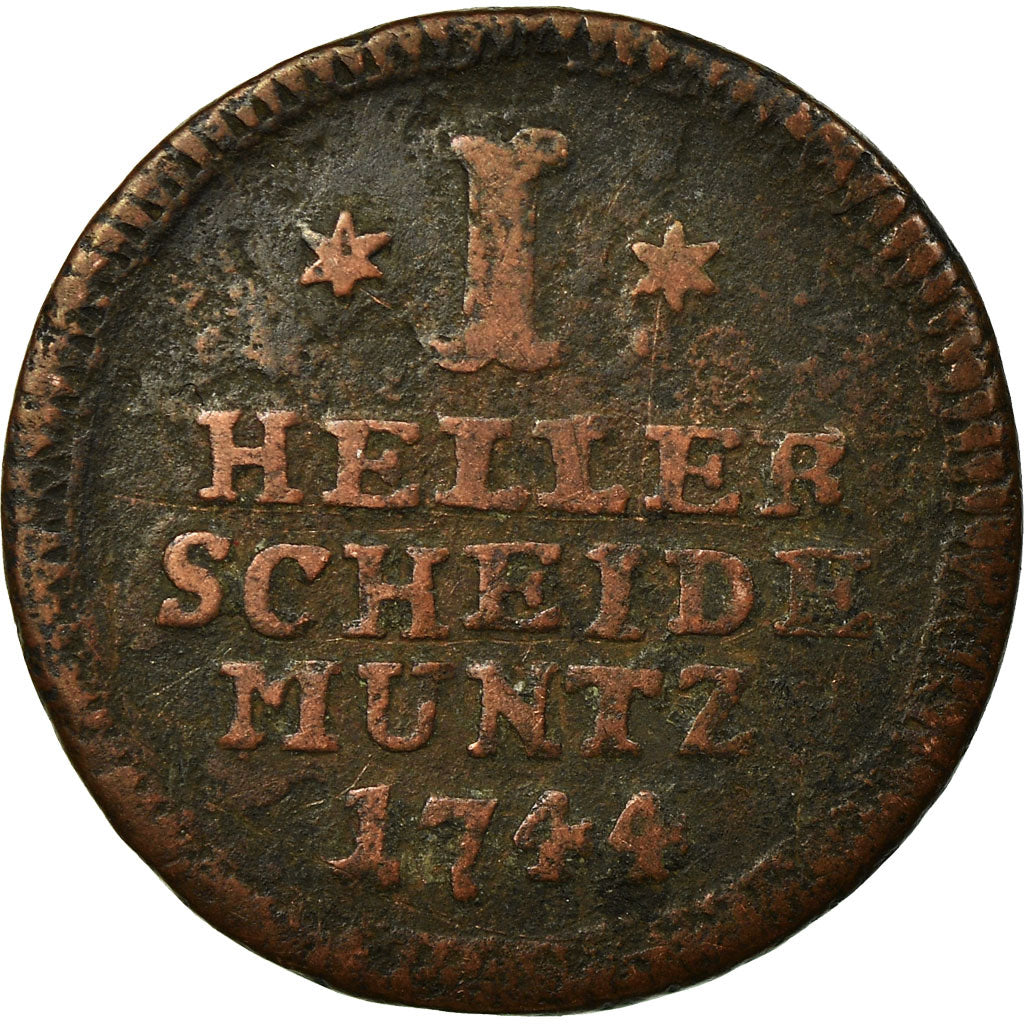 Coin, German States, HESSE-CASSEL, Friedrich I, Heller, 1744, VF(30-35), Copper