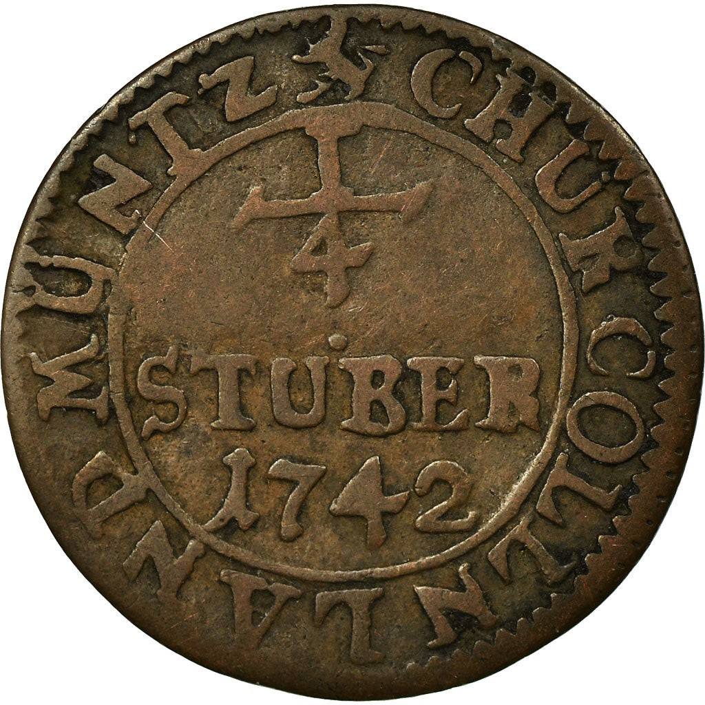 Coin, German States, COLOGNE, Clemens August, 1/4 St, 1742, VF(20-25), Copper