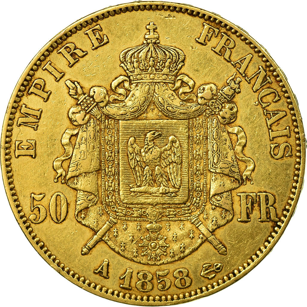 Moneda, Francia, Napoleon III, Napoléon III, 50 Francs, 1858, Paris, MBC, Oro