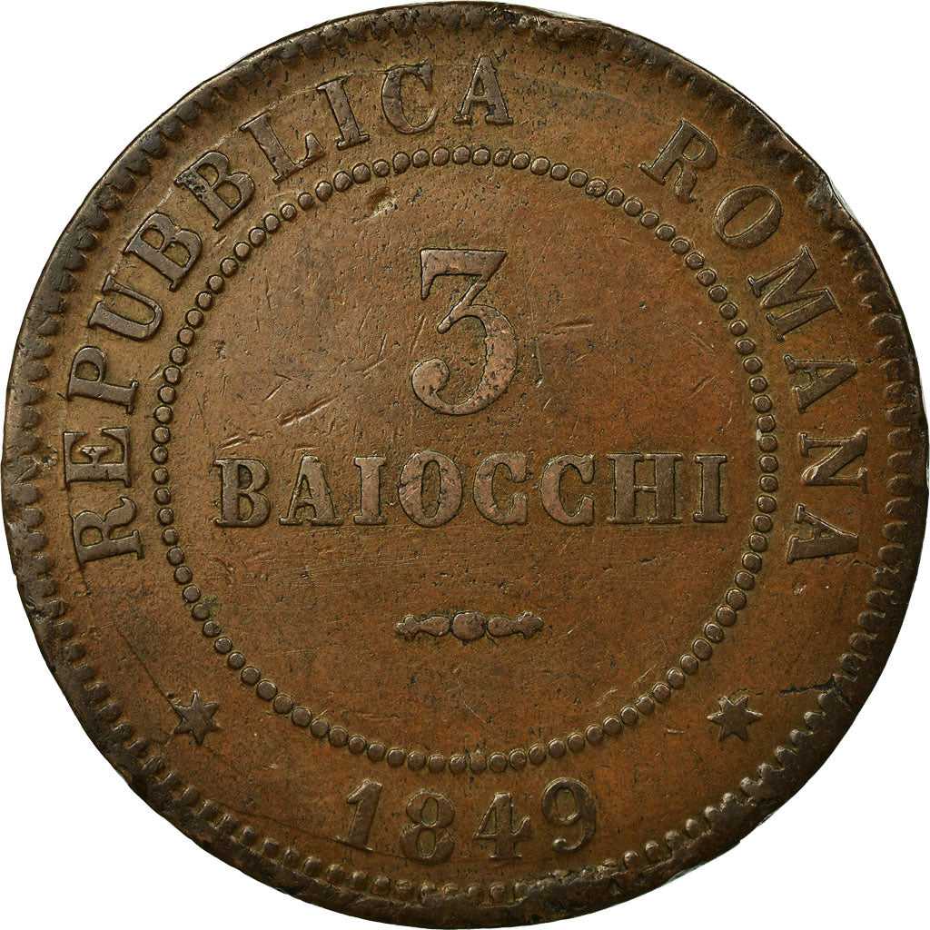 Moneta, DEPARTAMENTY WŁOSKIE, ROMAN REPUBLIC, 3 Baiocchi, 1849, Roma