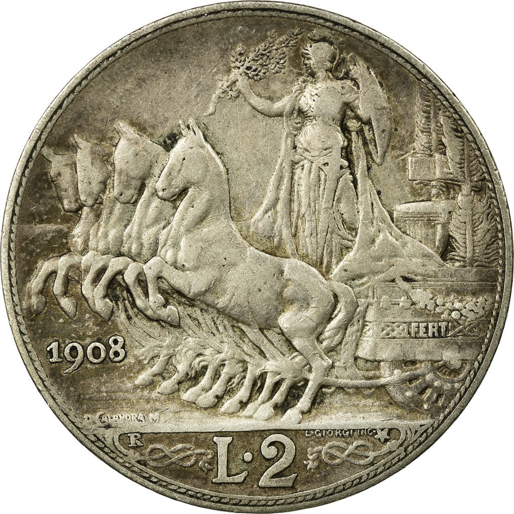 Coin, Italy, Vittorio Emanuele III, 2 Lire, 1908, Rome, VF(30-35), Silver, KM:46