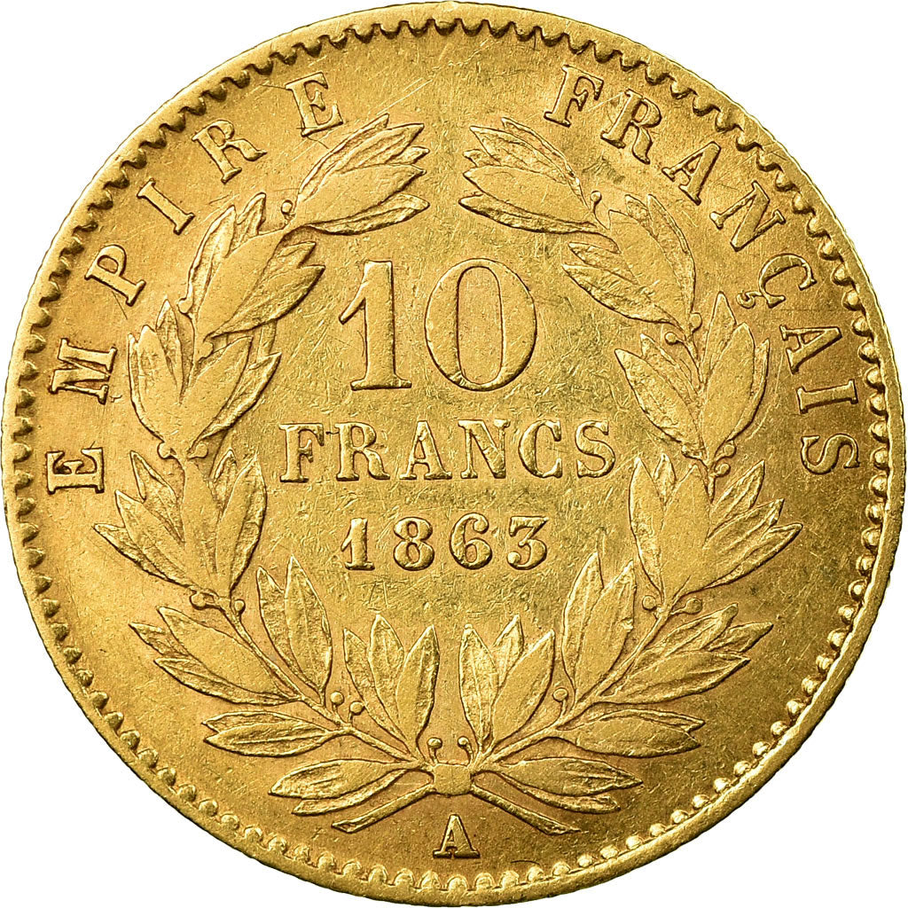Moneda, Francia, Napoleon III, Napoléon III, 10 Francs, 1863, Paris, BC+, Oro
