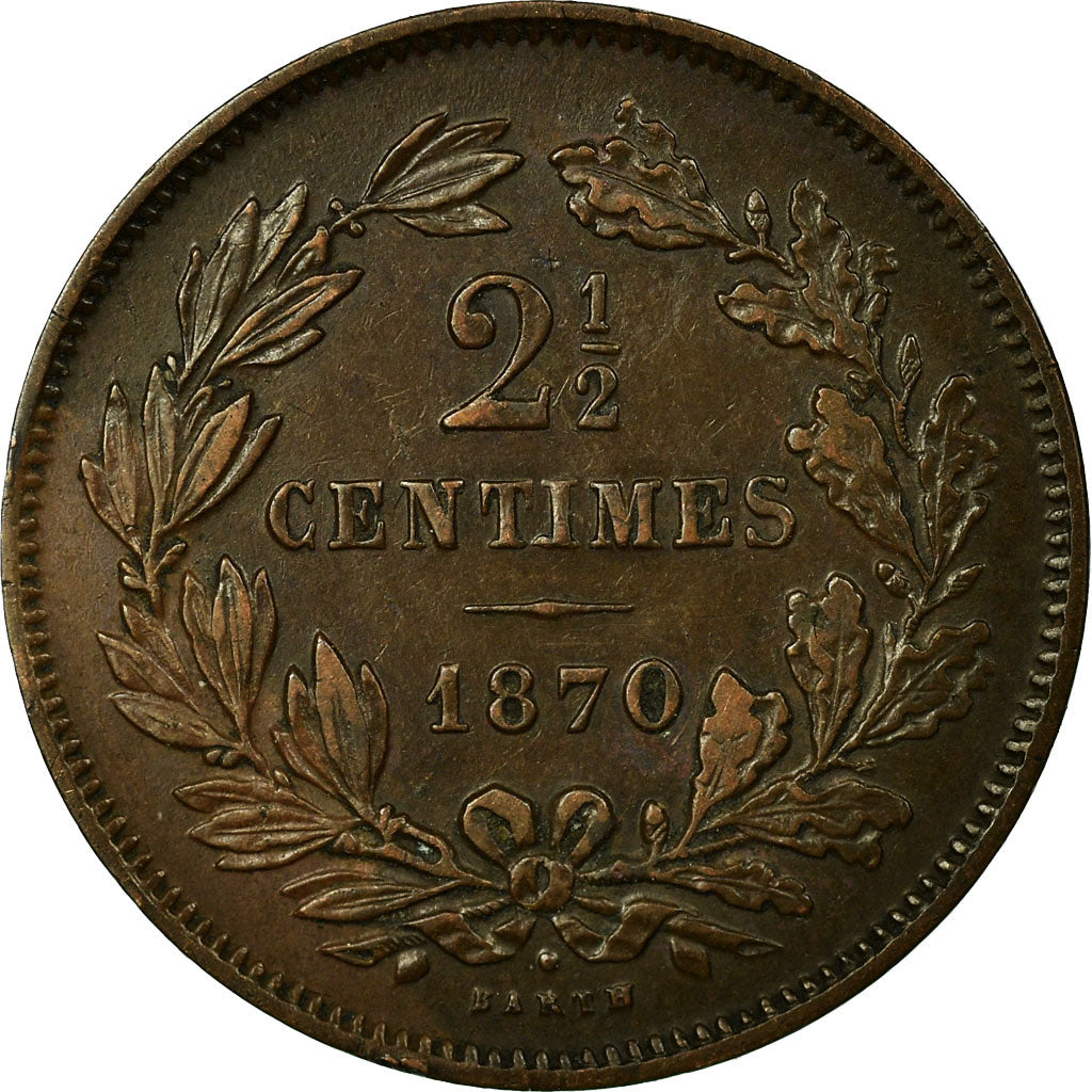 Coin, Luxembourg, William III, 2-1/2 Centimes, 1870, Utrecht, AU(50-53), Bronze