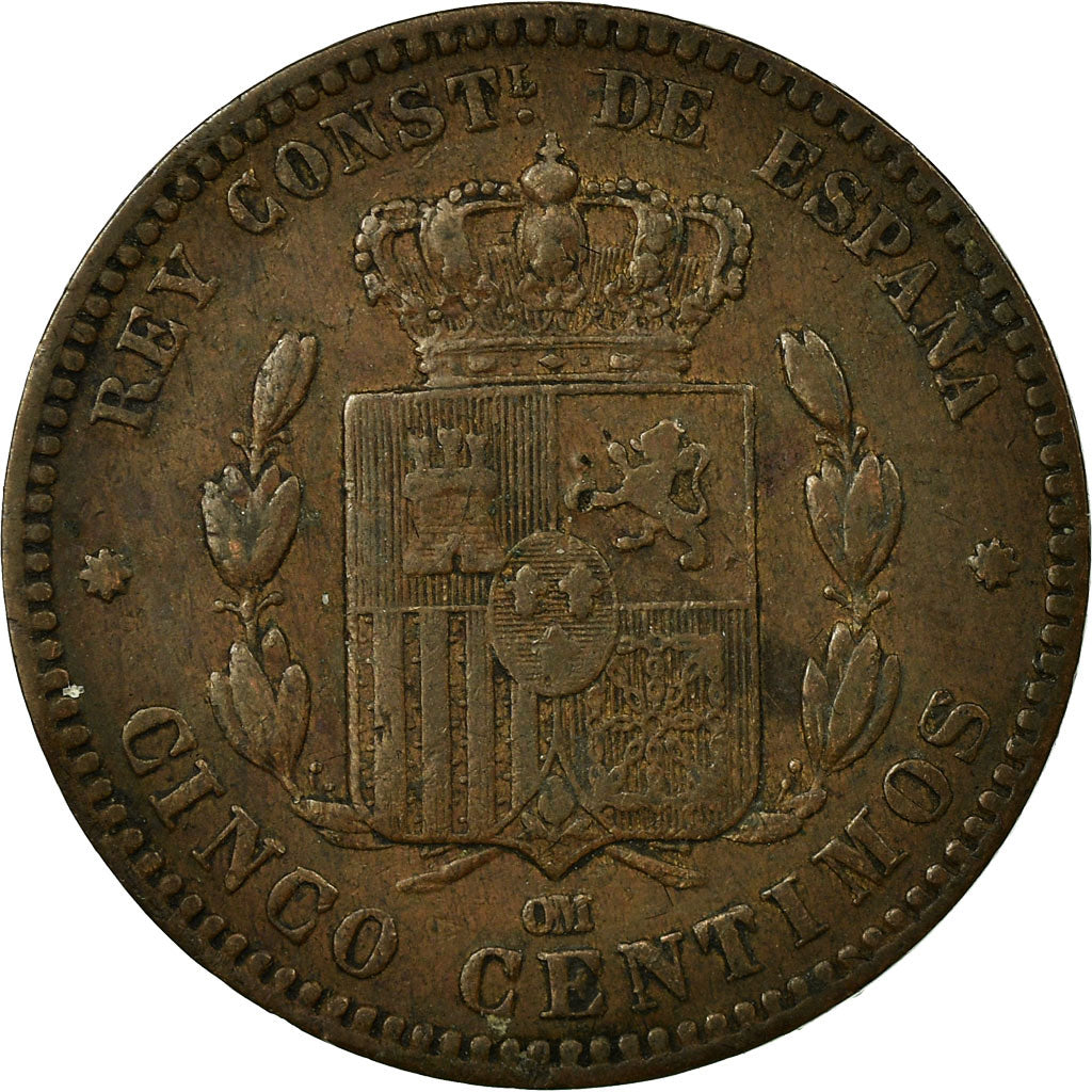 Coin, Spain, Alfonso XII, 5 Centimos, 1878, Madrid, EF(40-45), Bronze, KM:674
