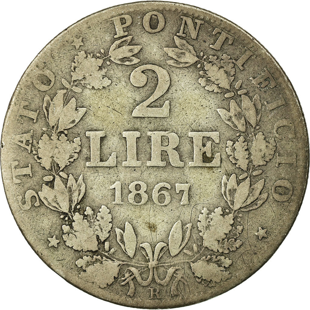 Moneta, DEPARTAMENTY WŁOSKIE, PAPAL STATES, Pius IX, 2 Lire, 1867, Roma