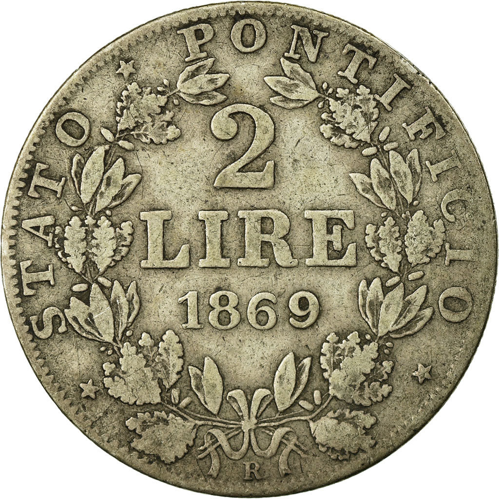 Coin, ITALIAN STATES, PAPAL STATES, Pius IX, 2 Lire, 1869, VF(30-35), Silver