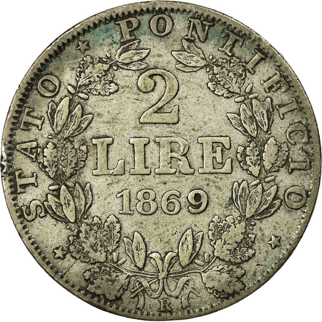 Coin, ITALIAN STATES, PAPAL STATES, Pius IX, 2 Lire, 1869, VF(30-35), Silver