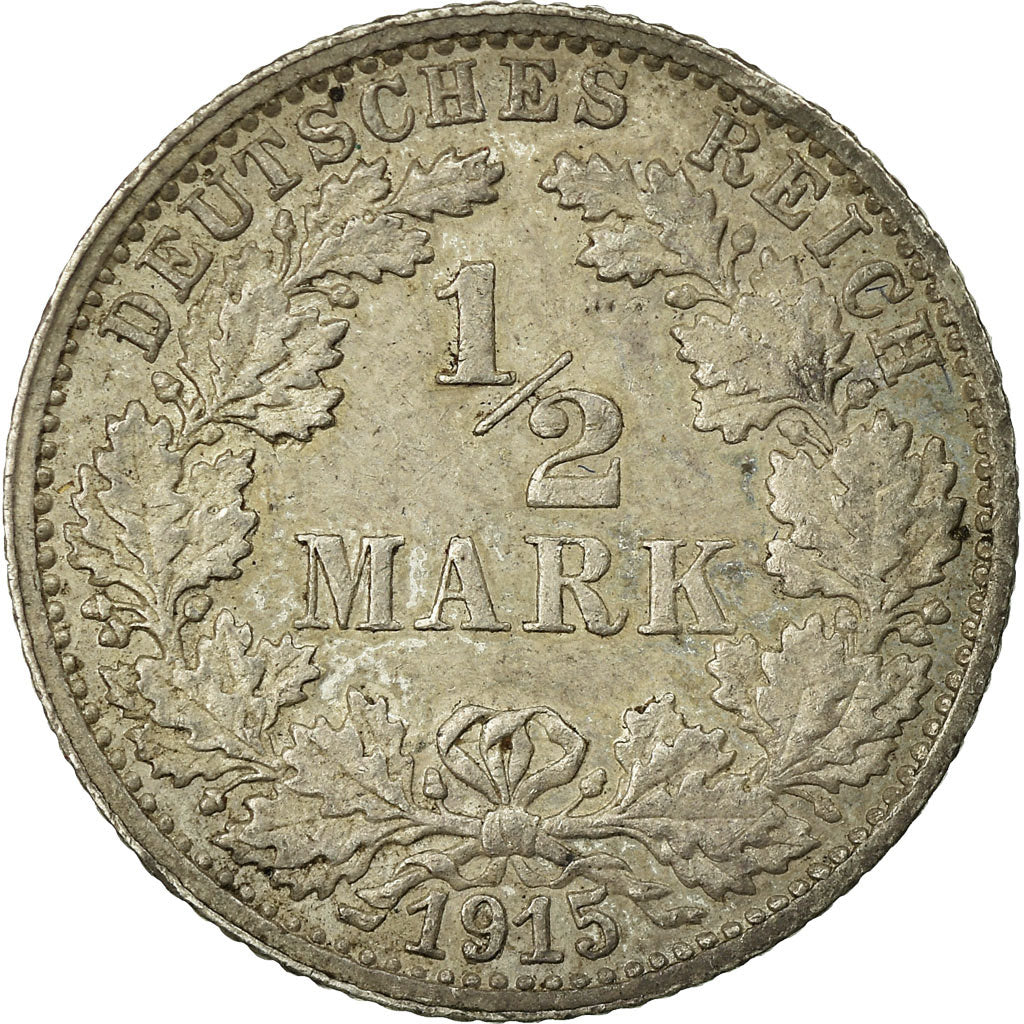 Coin, GERMANY - EMPIRE, 1/2 Mark, 1915, Stuttgart, AU(55-58), Silver, KM:17