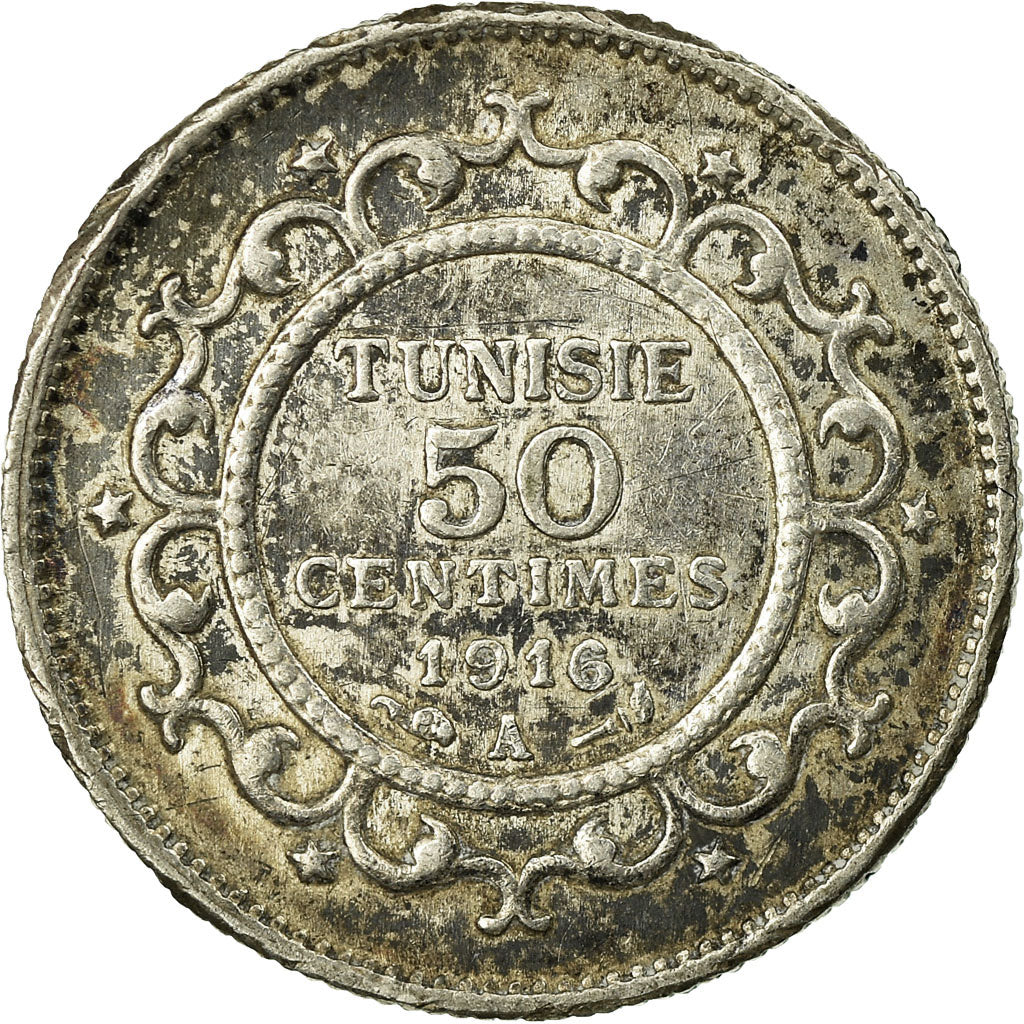 Monnaie, Tunisie, Muhammad al-Nasir Bey, 50 Centimes, 1916, Paris, TTB+, Argent