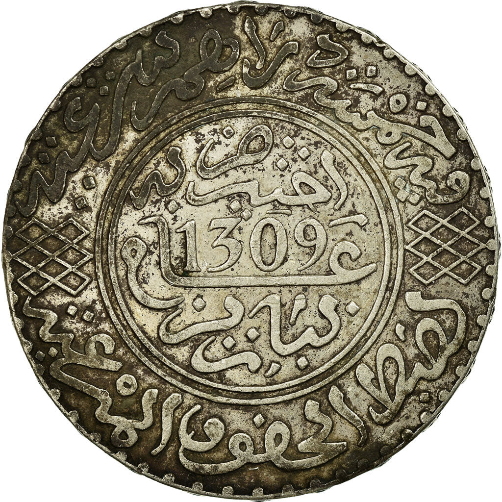 Coin, Morocco, Moulay al-Hasan I, 5 Dirhams, 1891, Paris, EF(40-45), Silver