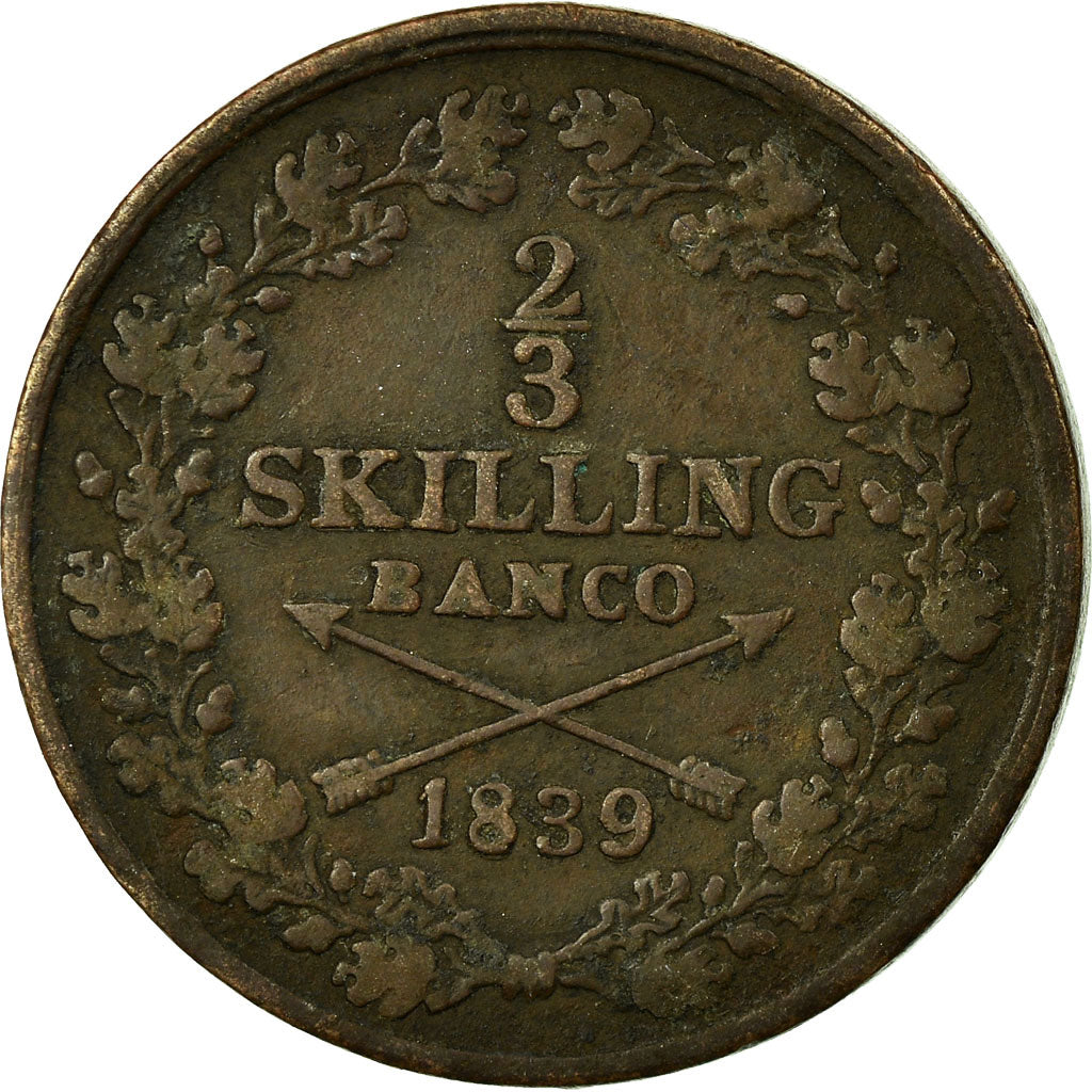 Moneda, Suecia, Carl XIV Johan, 2/3 Skilling, 1839, BC+, Cobre, KM:641