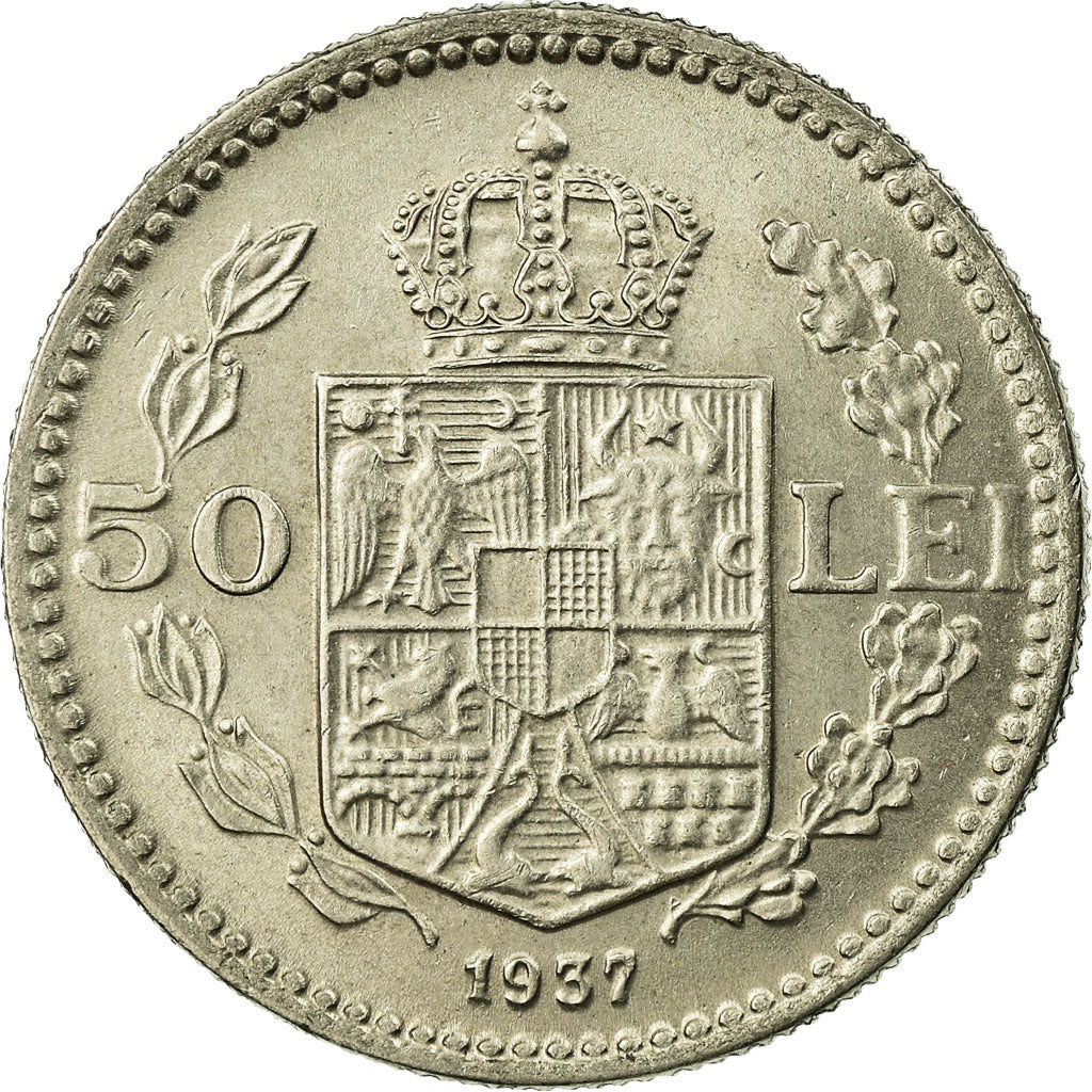 Romania, Carol II, 50 Lei, 1937, AU(55-58), Nickel, KM:55