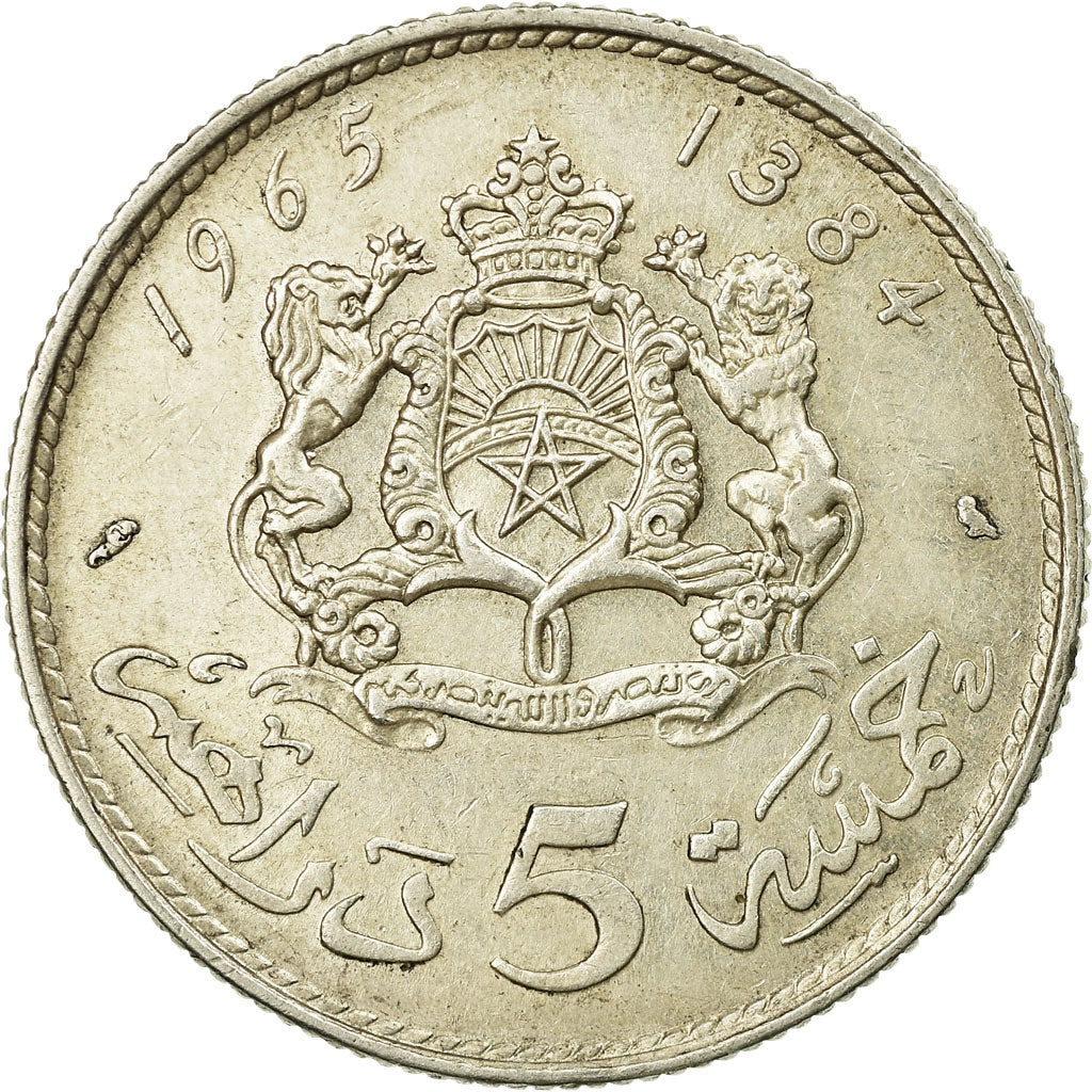 Coin, Morocco, al-Hassan II, 5 Dirhams, 1965, Paris, EF(40-45), Silver, KM:57