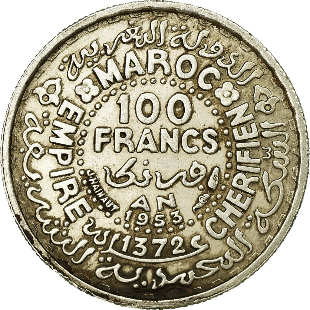 Morocco, Mohammed V, 100 Francs, 1953, Paris, EF(40-45), Silver, KM:52