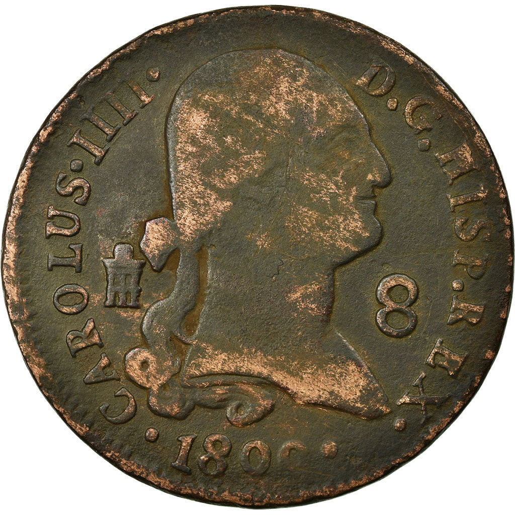 Coin, Spain, Charles IV, 8 Maravedis, 1800, Segovia, VF(30-35), Copper, KM:428
