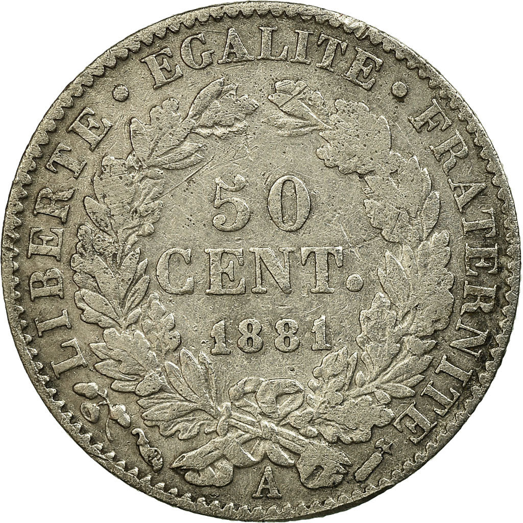 Munten, Frankrijk, Cérès, 50 Centimes, 1881, Paris, ZF, Zilver, KM:834.1