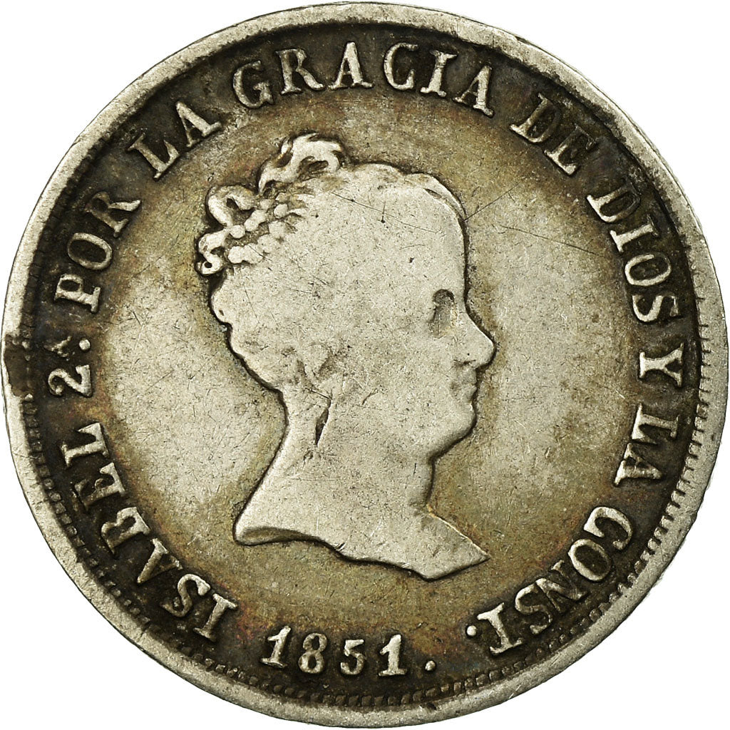 Moneta, Hiszpania, Isabel II, 2 Reales, 1851, Seville, VF(30-35), Srebro