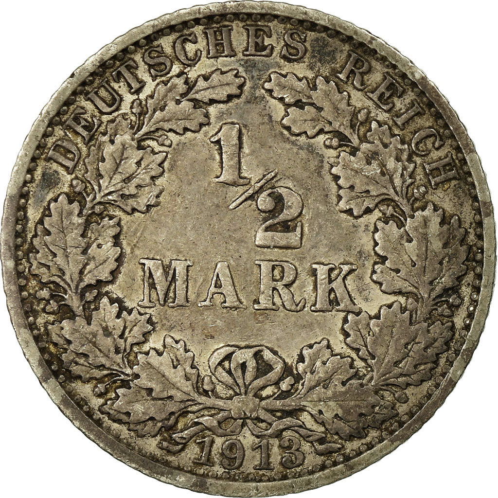 Coin, GERMANY - EMPIRE, 1/2 Mark, 1913, AU(50-53), Silver, KM:17