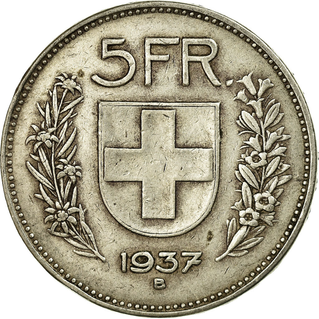Coin, Switzerland, 5 Francs, 1937, Bern, EF(40-45), Silver, KM:40
