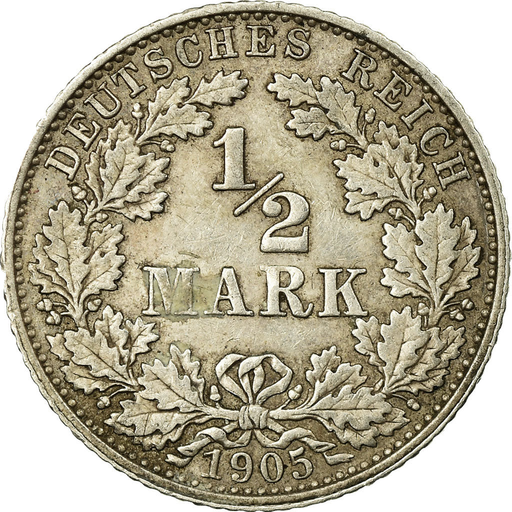 Moeda, ALEMANHA - IMPÉRIO, 1/2 Mark, 1905, Munich, AU(50-53), Prata, KM:17
