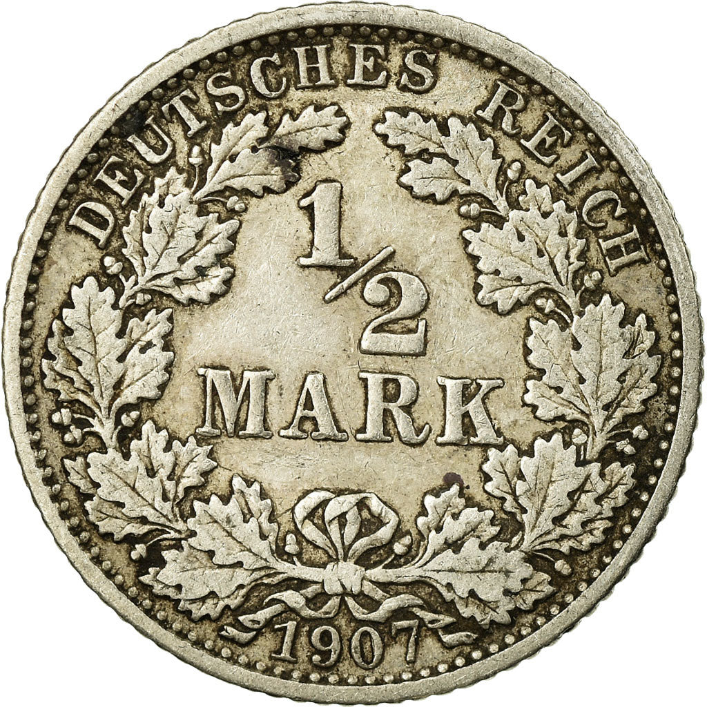 Coin, GERMANY - EMPIRE, 1/2 Mark, 1907, Karlsruhe, EF(40-45), Silver, KM:17