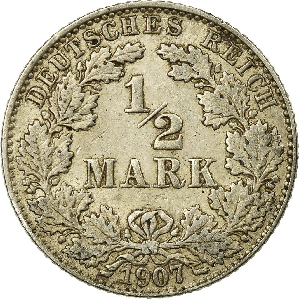 Coin, GERMANY - EMPIRE, 1/2 Mark, 1907, Hambourg, AU(50-53), Silver, KM:17