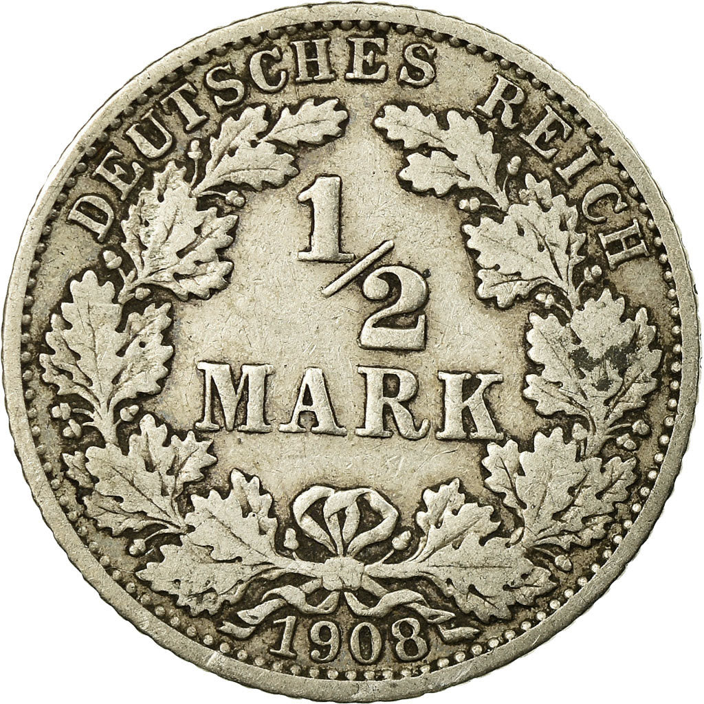 Coin, GERMANY - EMPIRE, 1/2 Mark, 1908, Karlsruhe, EF(40-45), Silver, KM:17