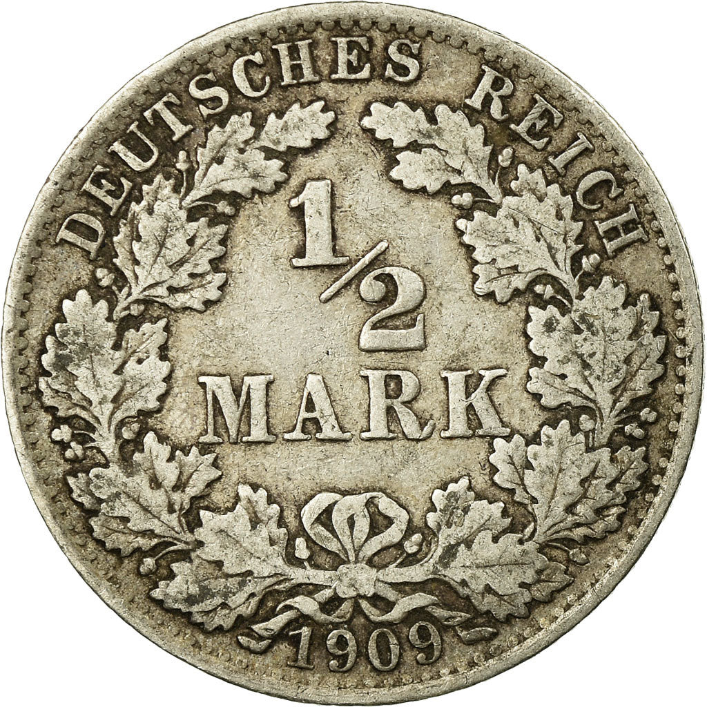 Coin, GERMANY - EMPIRE, 1/2 Mark, 1909, Berlin, VF(30-35), Silver, KM:17