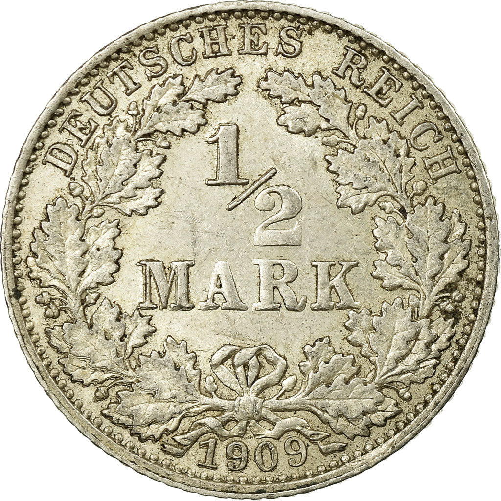 Coin, GERMANY - EMPIRE, 1/2 Mark, 1909, Munich, AU(55-58), Silver, KM:17