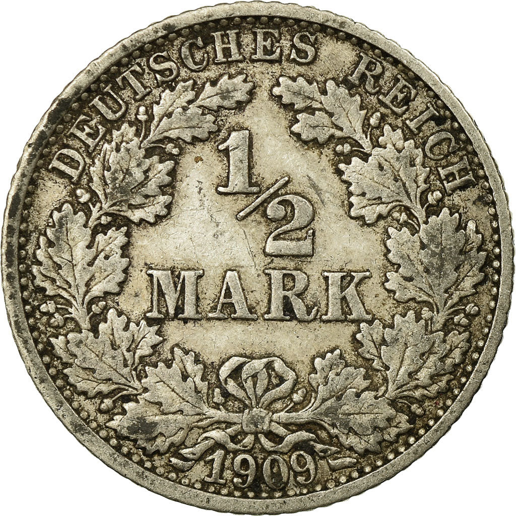 Coin, GERMANY - EMPIRE, 1/2 Mark, 1909, Stuttgart, VF(30-35), Silver, KM:17