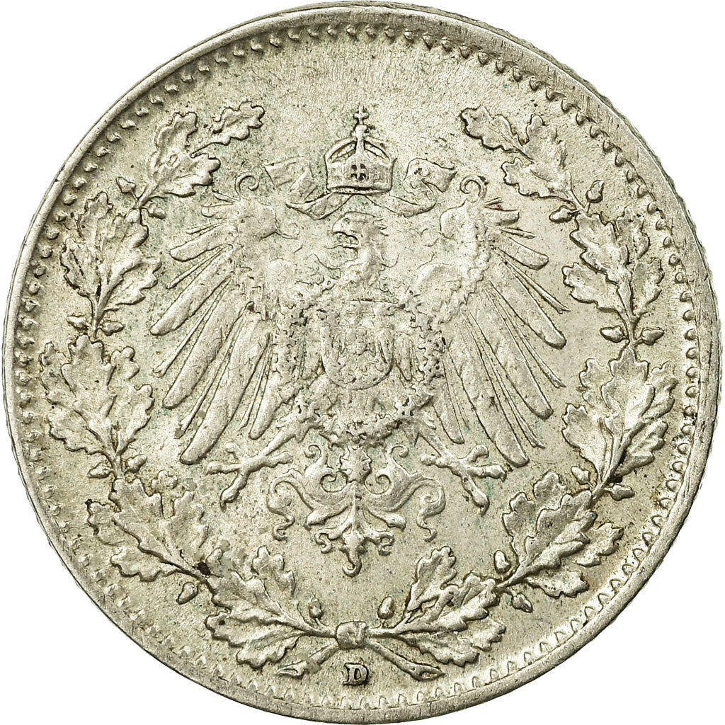 Coin, GERMANY - EMPIRE, 1/2 Mark, 1916, Munich, AU(55-58), Silver, KM:17
