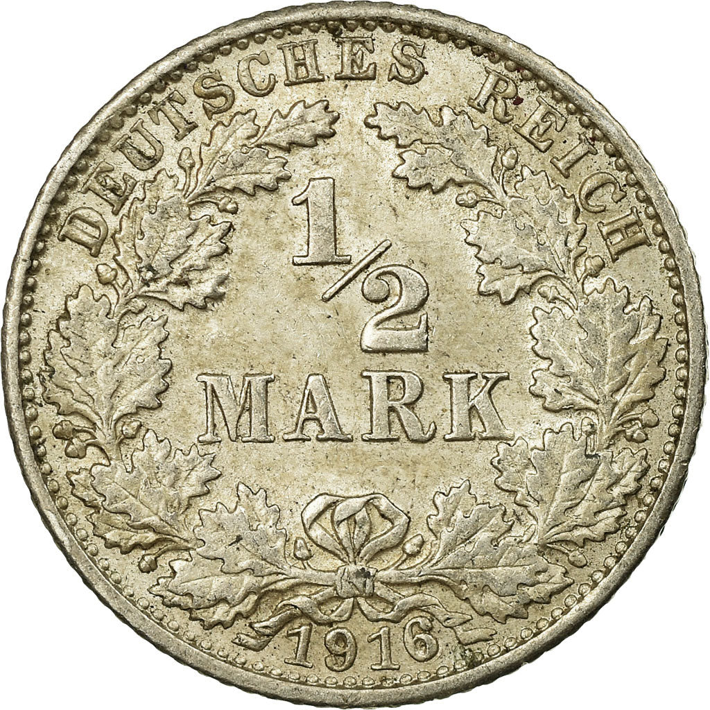 Coin, GERMANY - EMPIRE, 1/2 Mark, 1916, Karlsruhe, AU(55-58), Silver, KM:17