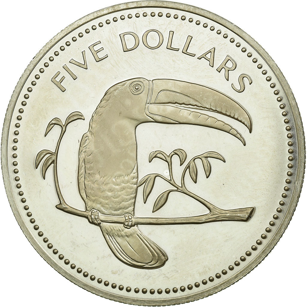 Moneta, Belize, 5 Dollars, 1976, Franklin Mint, MS(63), Srebro, KM:44a