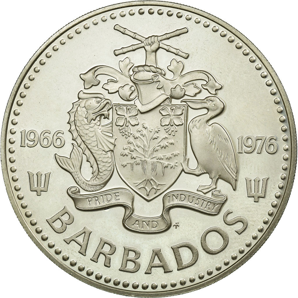 Coin, Barbados, 5 Dollars, 1976, Franklin Mint, MS(63), Silver, KM:25a