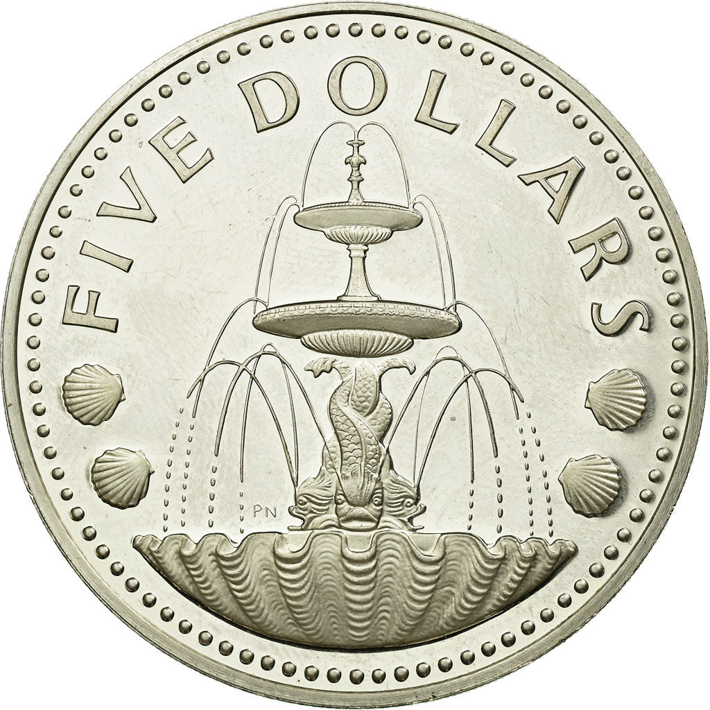 Coin, Barbados, 5 Dollars, 1976, Franklin Mint, MS(63), Silver, KM:25a
