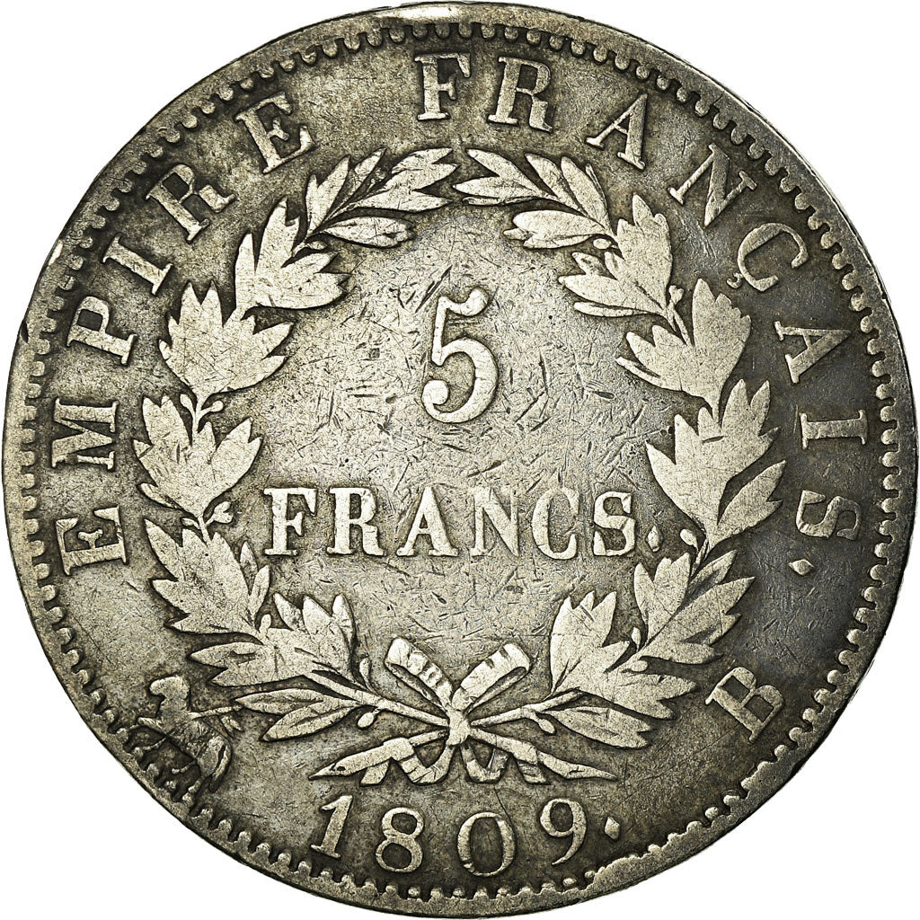 Coin, France, Napoléon I, 5 Francs, 1809, Rouen, VF(20-25), Silver, KM:694.2