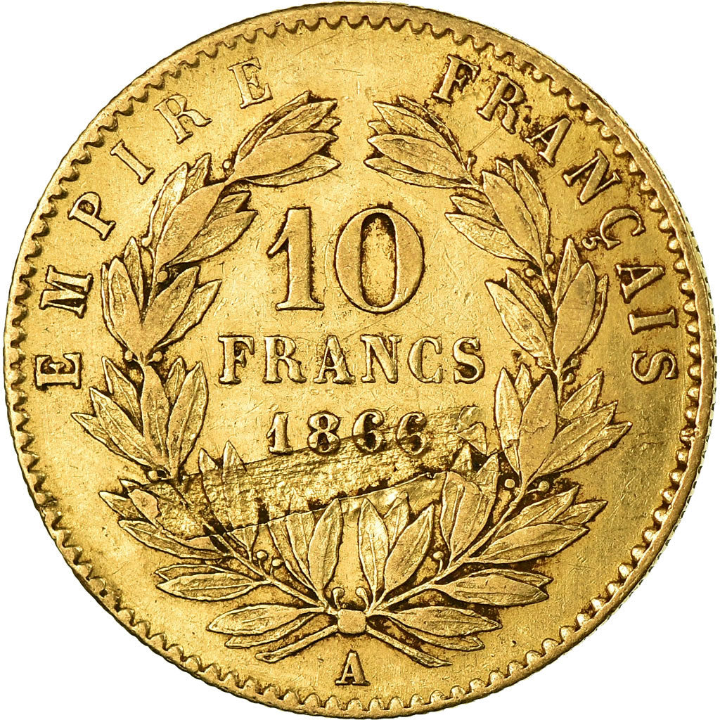 Moeda, França, Napoleon III, 10 Francs, 1866, Paris, EF(40-45), Dourado