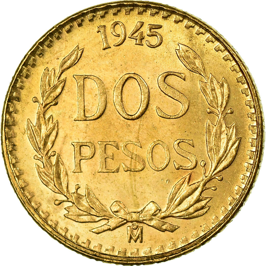 Coin, Mexico, 2 Pesos, 1945, Mexico City, MS(63), Gold, KM:461