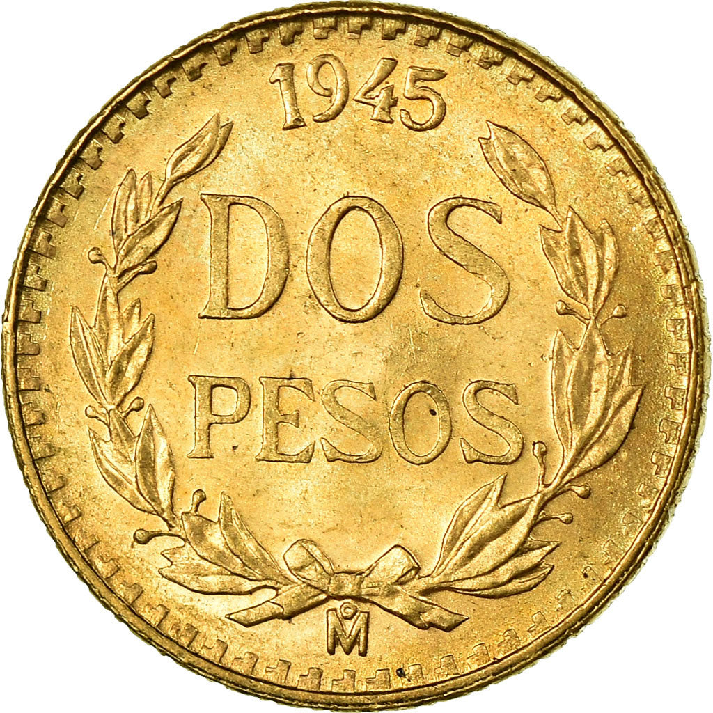 Coin, Mexico, 2 Pesos, 1945, Mexico City, MS(63), Gold, KM:461