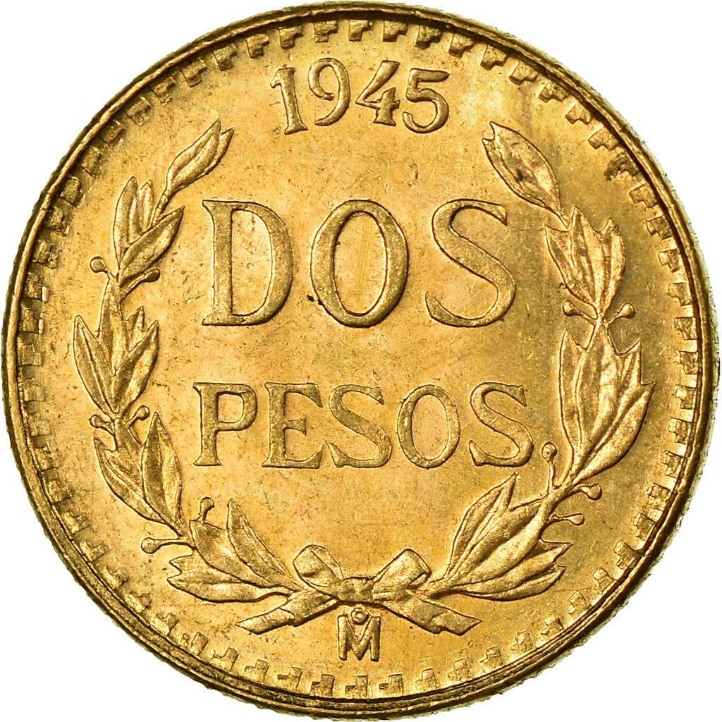 Coin, Mexico, 2 Pesos, 1945, Mexico City, MS(63), Gold, KM:461
