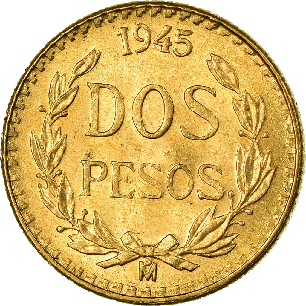 Coin, Mexico, 2 Pesos, 1945, Mexico City, MS(63), Gold, KM:461